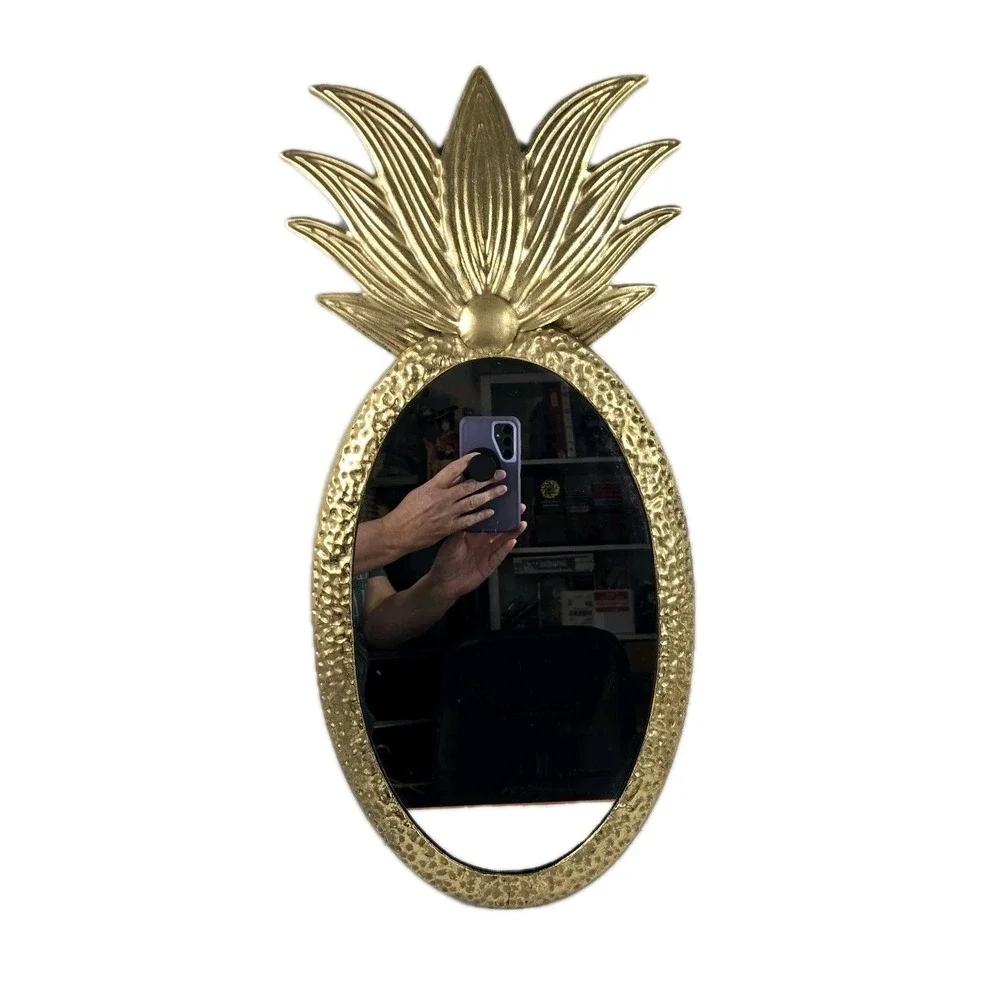 Vintage Large Hammered Gold Tone Metal Pineapple Oval Mirror Art Deco 24x11